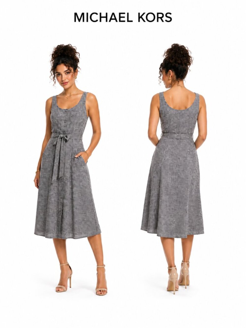 Michael Kors Snakeskin Print Button Front Midi Dress Grey Black S QT683JNL5S